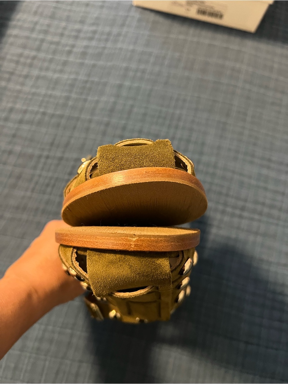 Freda Salvador: Sera Fisherman Sandal - Olive Suede w/ Gold Studs EUC - Picture 8 of 13